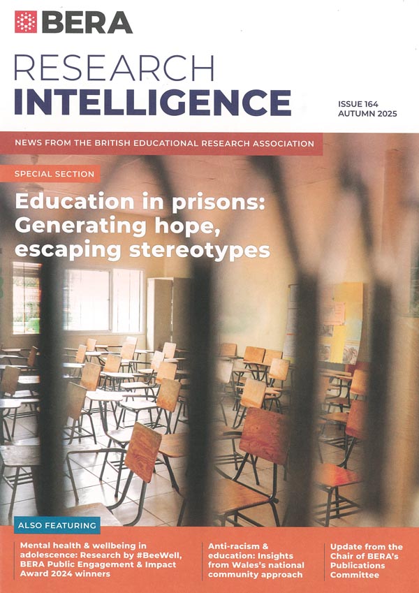 The cover of the Research Intelligence magazine, featuring an image of a classroom behind bars